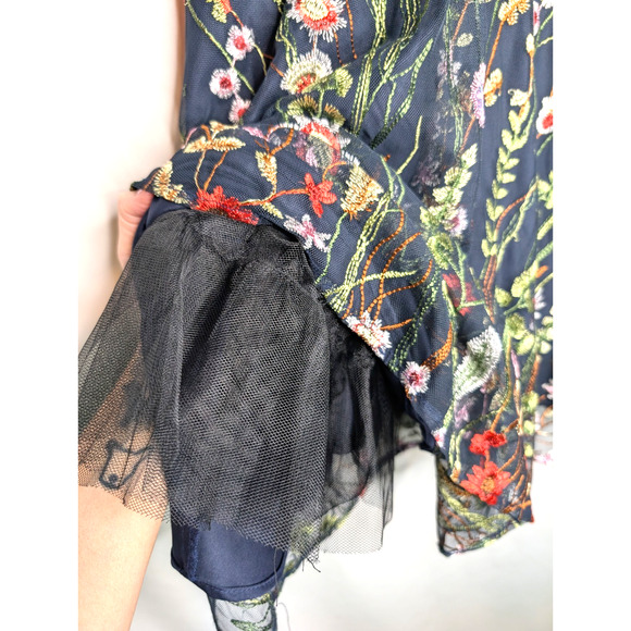 Morgan & Co Navy Lace Floral Embroidered Illusion Garden Fairy Short Formal Gown - Picture 11 of 16